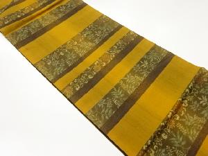 手織り紬横段に花唐草模様織出し全通袋帯